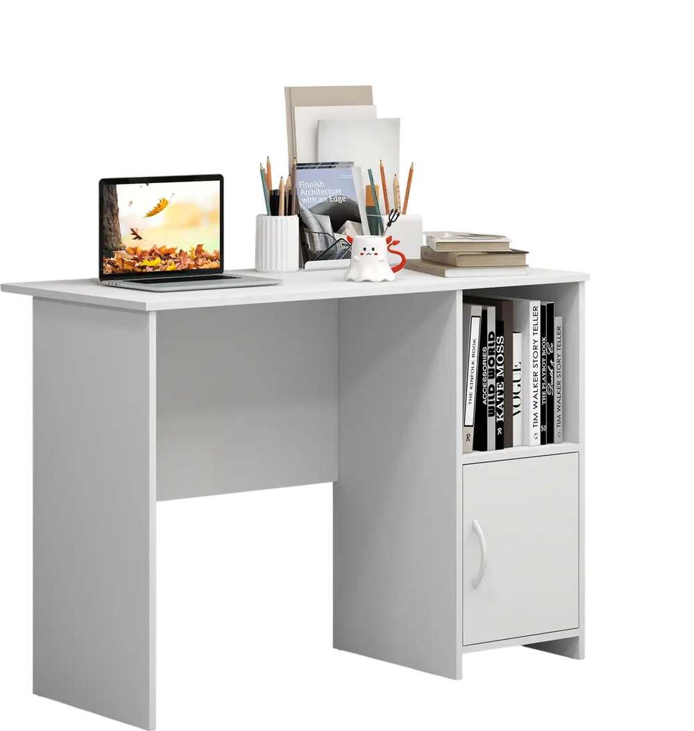 Modern white computer desk featuring an open shelf and cabinet, ideal for study or office use with cable management.