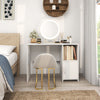 Modern computer desk in white with cabinet and open shelf, ideal for study or bedroom organization.