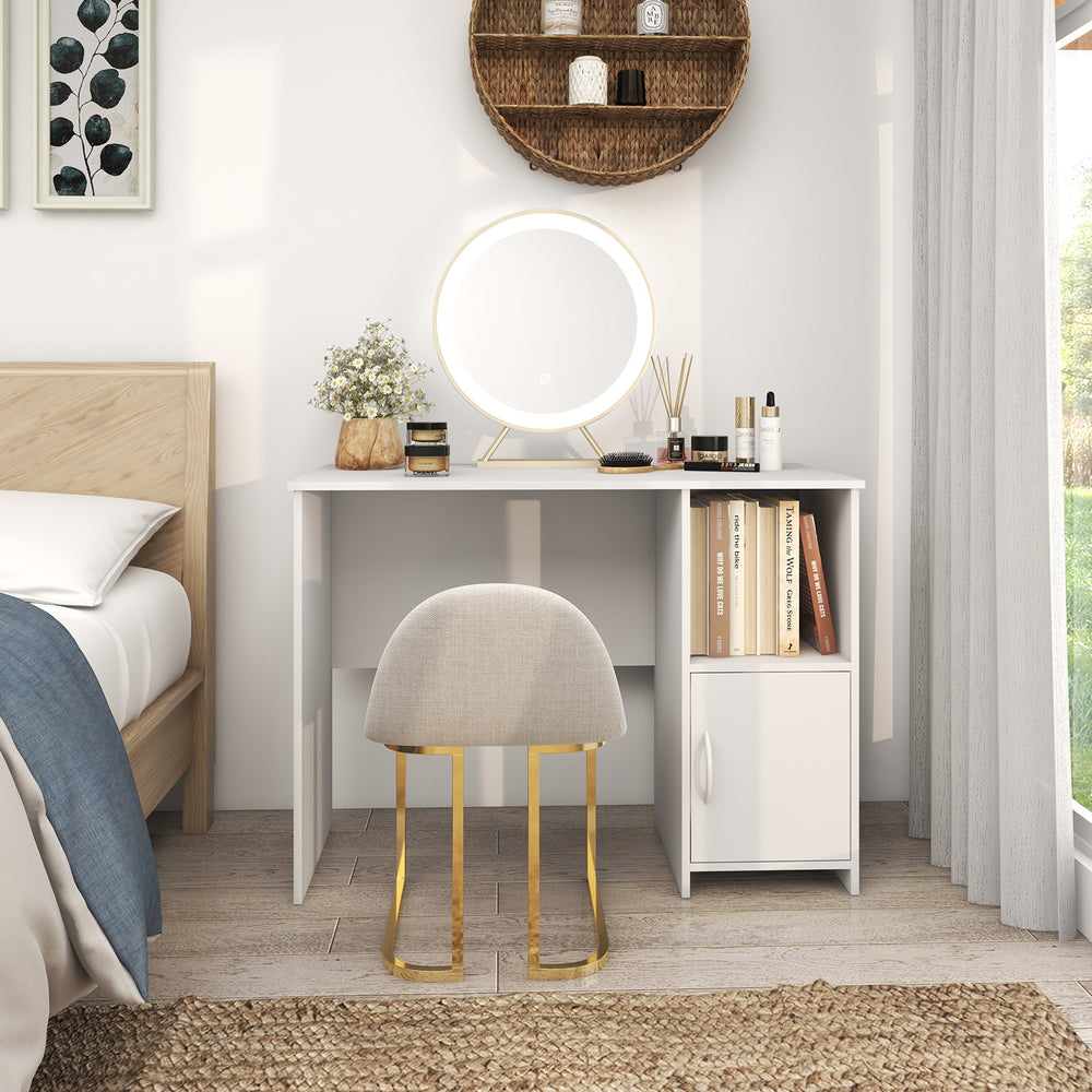 Modern computer desk in white with cabinet and open shelf, ideal for study or bedroom organization.