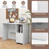Modern white computer desk featuring a spacious top, storage cabinet, and protective foot pads for stability and floor.