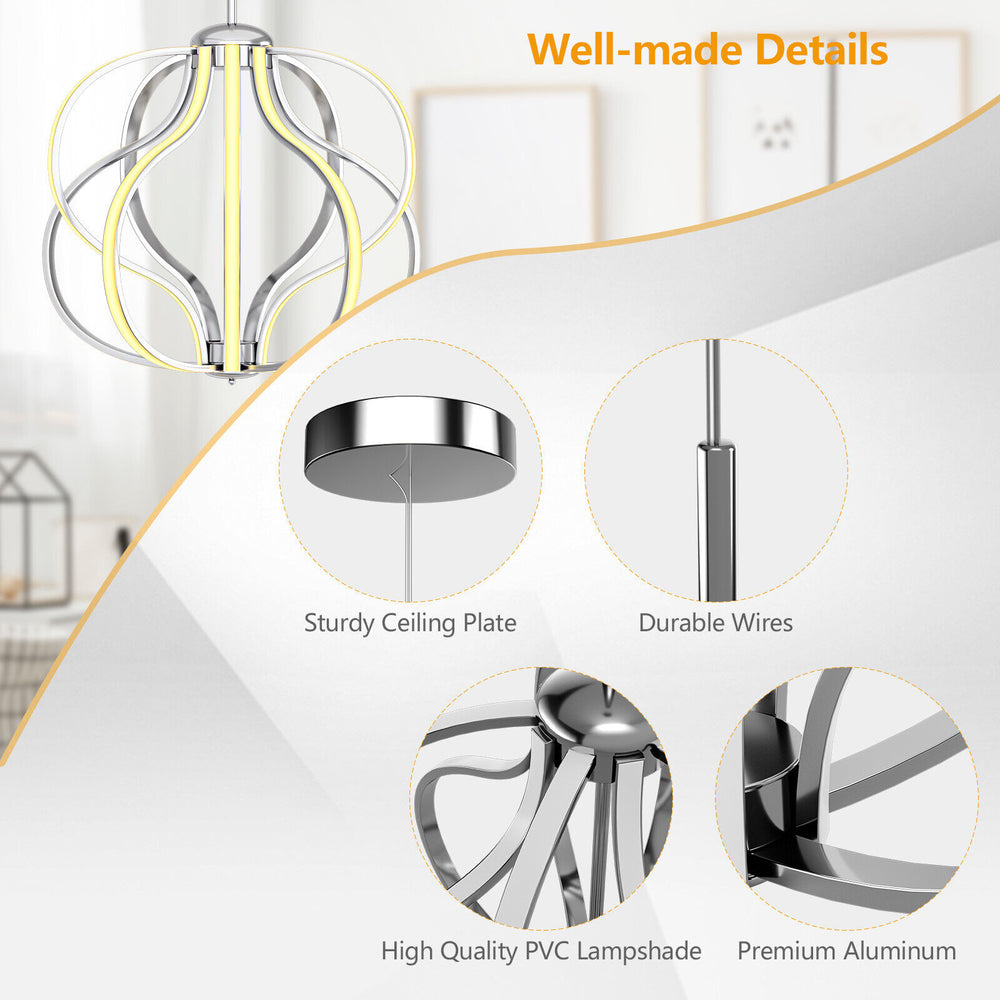 Modern LED chandelier with adjustable height, warm white light, and high-quality PVC lampshade for elegant home decor.