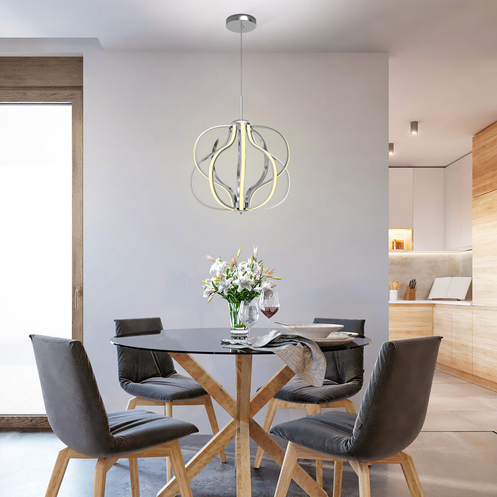 Modern LED chandelier with adjustable height, warm white light, perfect for dining rooms and various ceiling types.