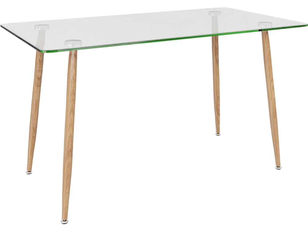 Rectangular glass dining table with wood grain imitation metal legs, ideal for home or office use, featuring adjustable.