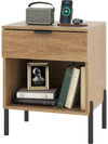 Modern nightstand in natural finish featuring a storage drawer, open compartment, and built-in charging station.