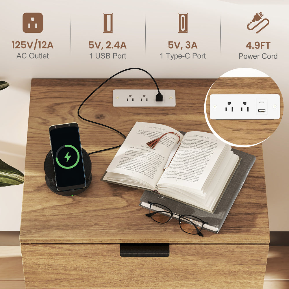 Modern nightstand with built-in charging station, featuring AC outlet, USB ports, and a natural wood grain finish.