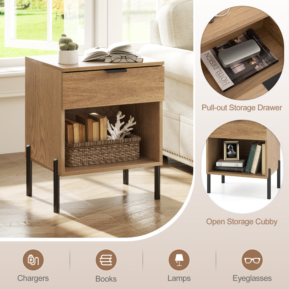 Modern nightstand with a pull-out storage drawer and open compartment, featuring a natural wood finish and charging.