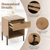 Modern nightstand with natural wood grain, featuring a storage drawer, charging station, and smooth metal slides.