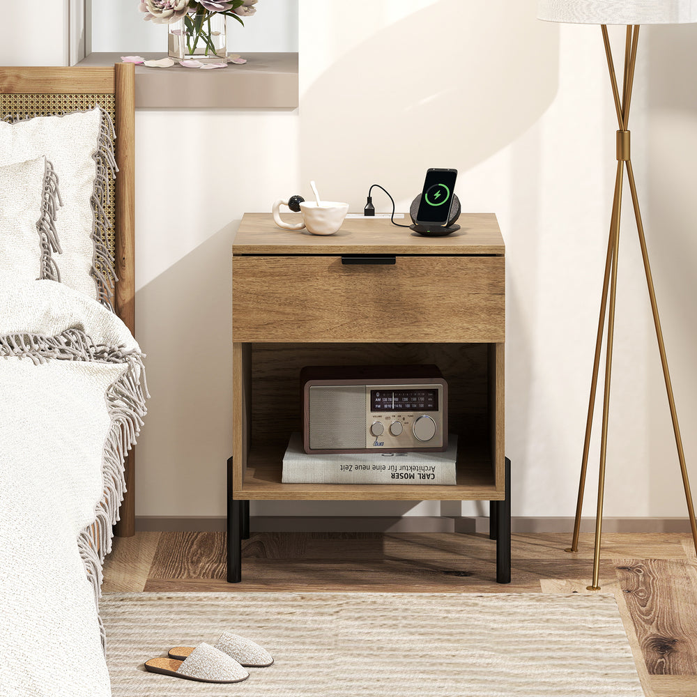 Modern nightstand with charging station, natural wood finish, storage drawer, and open compartment for bedside.