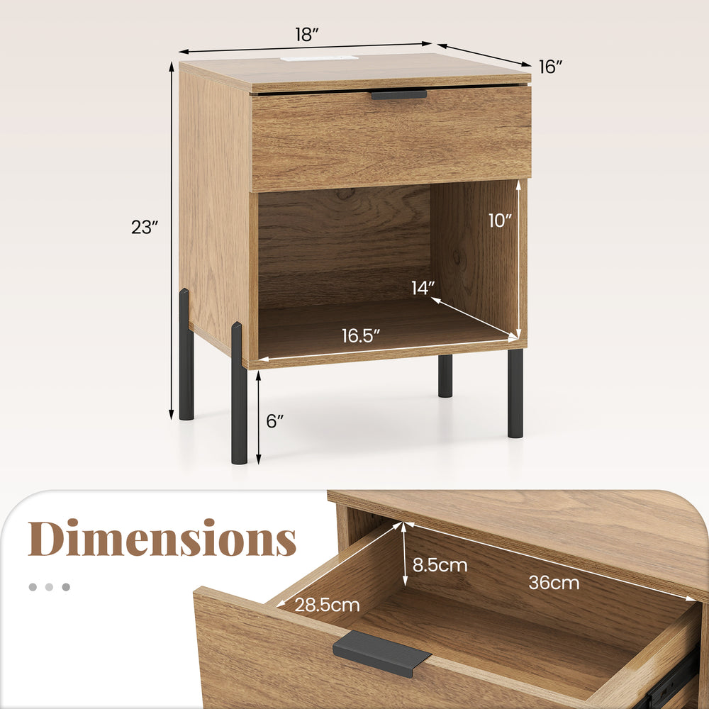 Modern nightstand with charging station, natural wood finish, dimensions shown, featuring drawer and open compartment.