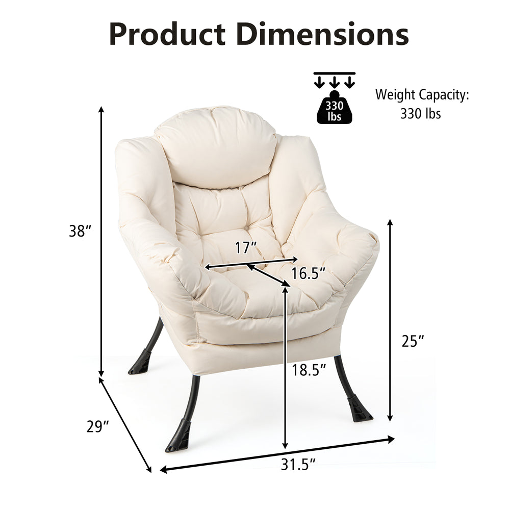 Beige modern lazy chair with steel frame, ergonomic design, and dimensions for versatile home and office use.