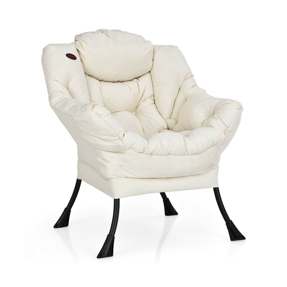 Beige modern lazy chair with thick upholstery, steel frame, and side pocket, ideal for home and office use.