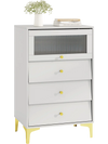 Modern gray storage cabinet with fluted glass door and three pull-out drawers, perfect for bedrooms or living rooms.