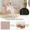 Modern pink velvet accent chair with button tufted back, golden metal legs, and supportive sponge for stylish comfort.