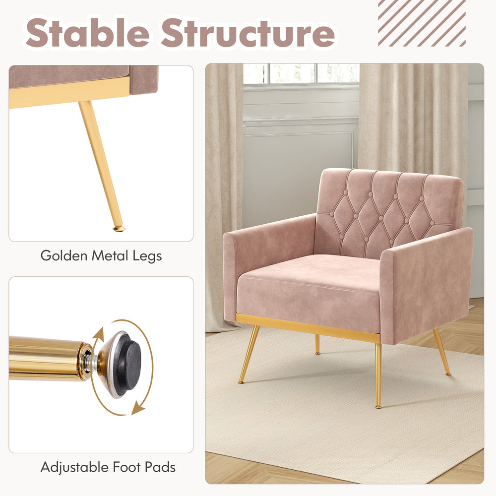 Modern pink velvet accent chair with button tufted back, golden metal legs, and adjustable foot pads for stability.