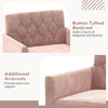 Modern velvet accent chair in pink with button tufted backrest and armrests, ideal for comfort and style in any space.