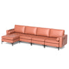 Modular L-shaped 4-seat sectional sofa in pink with reversible chaise, USB ports, and soft back pillows for comfort.