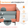 Modular L-shaped sectional sofa in pink with steel backrest, USB ports, and hidden storage for versatile seating.