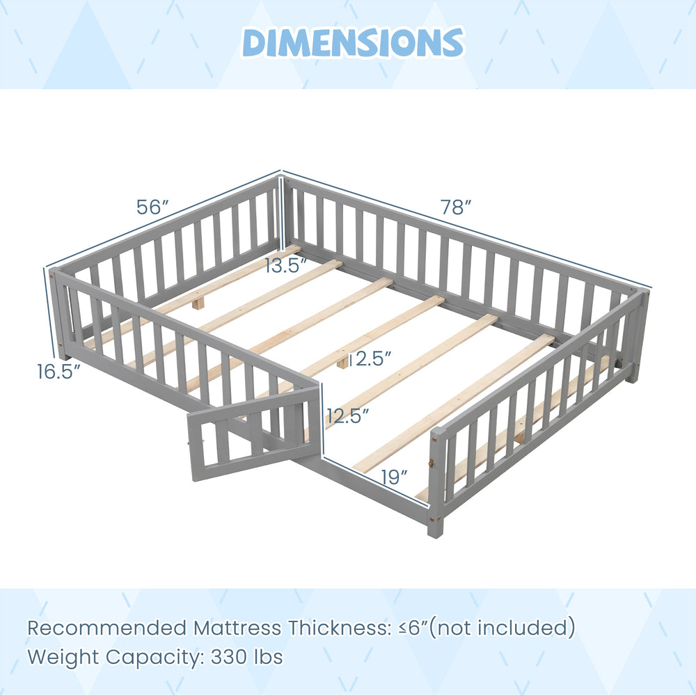 Montessori bed frame in gray with full-length guardrails, safety door, and sturdy plywood slats for children's safety.