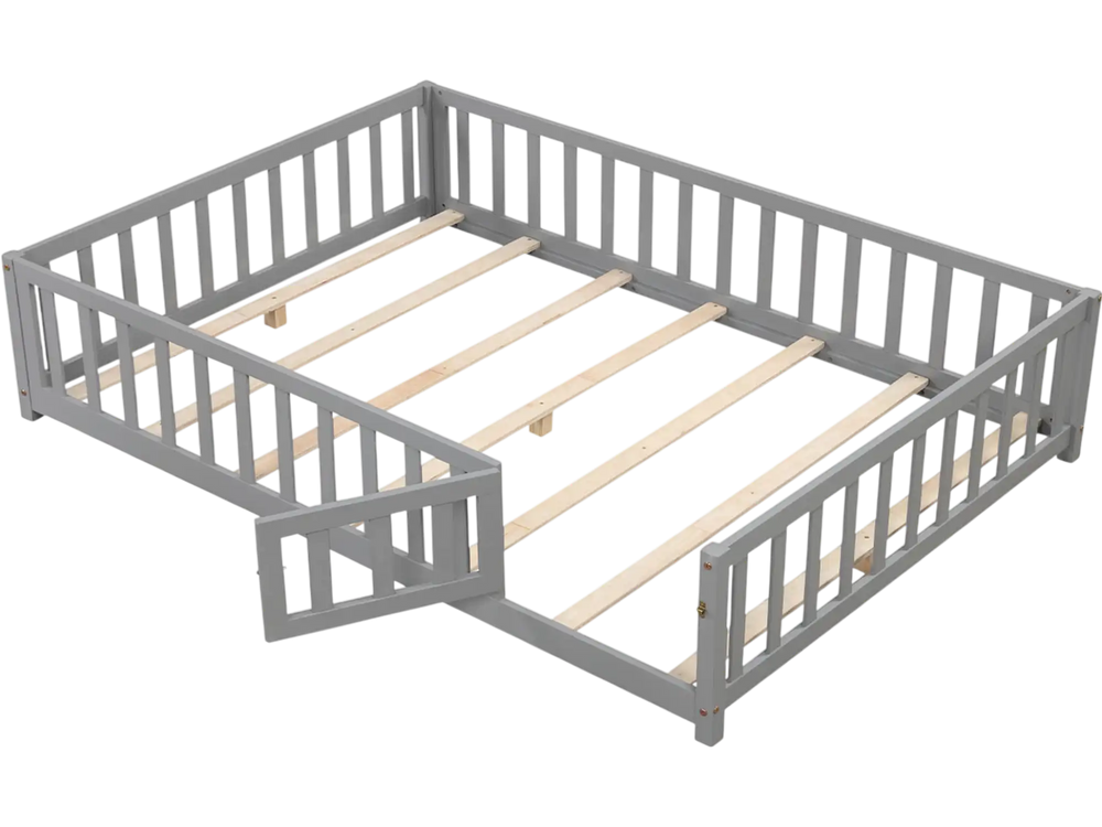 Montessori bed frame in gray showcasing a safety door and sturdy plywood slats, promoting confident and independent.