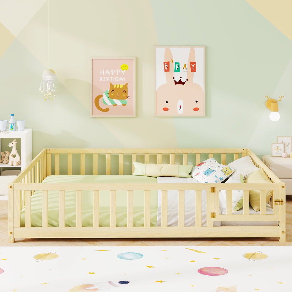 Montessori Bed Frame with Full-length Guardrails Safety Door and Latch-Natural - Gallery View 1 of 9