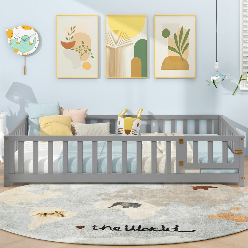 Montessori bed frame in gray with full-length guardrails and safety door, designed for children's independence and.