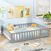 Montessori bed frame in gray with full-length guardrails and safety door, ideal for children's independence and safety.