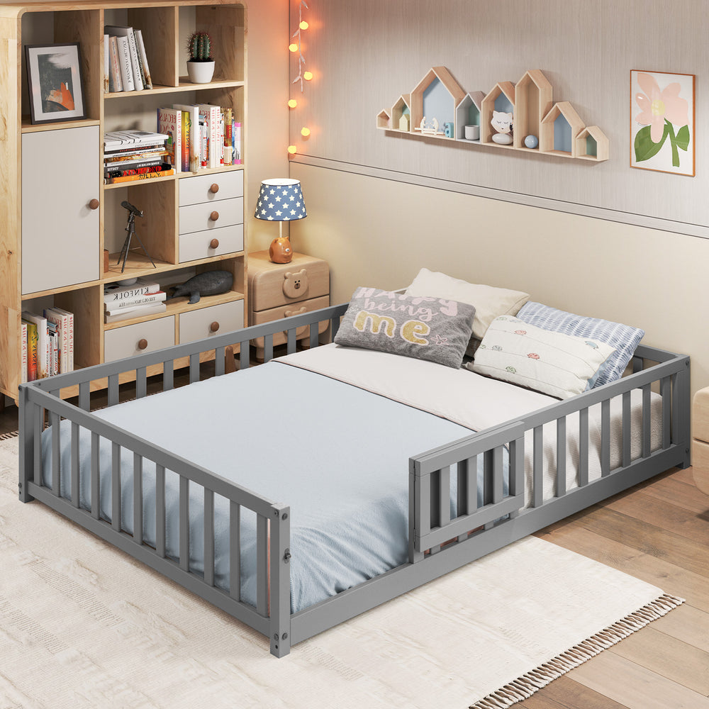 Montessori bed frame in gray with full-length guardrails and safety door, perfect for children's independence and.