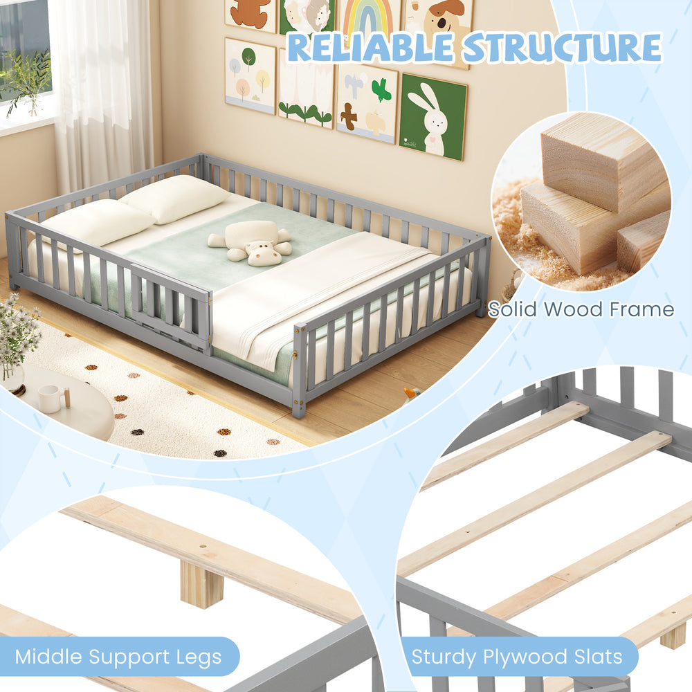 Montessori bed frame in gray with full-length guardrails and sturdy plywood slats for children's safety and.