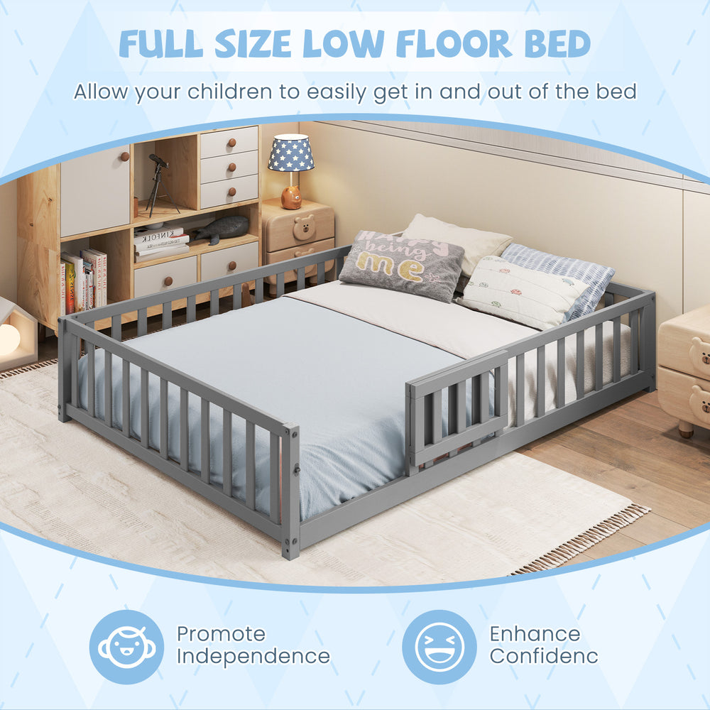 Montessori low floor bed in gray with full-length guardrails and safety door, promoting independence for children.