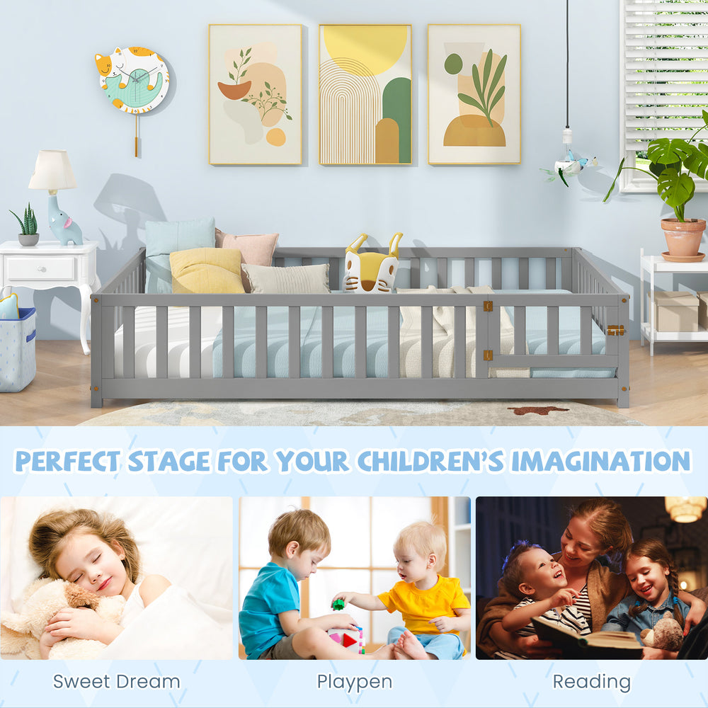 Montessori bed frame in gray with a clean modern design and full-length guardrails, enhancing children's safety and.