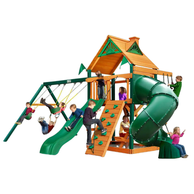 Gorilla Playsets 01-0005-AP Mountaineer Amber Posts Swing Set and Residential Wood Playset with Standard Wood Roof New