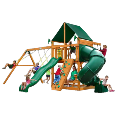 Gorilla Playsets 01-0005-AP-2 Mountaineer Amber Posts Swing Set and Residential Wood Playset with Sunbrella Canvas Forest Green Canopy New