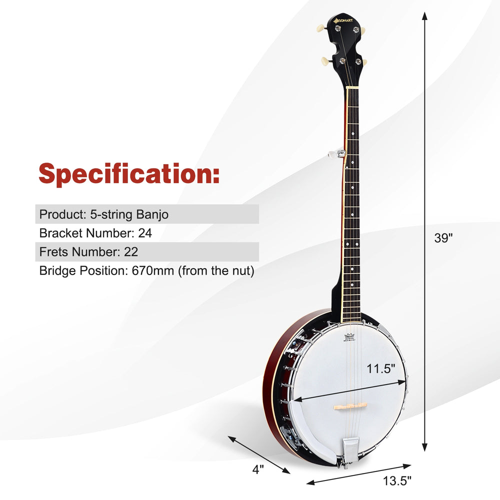 5-string geared tunable banjo with removable rear cover, 24 adjustable brackets, perfect for country and bluegrass.