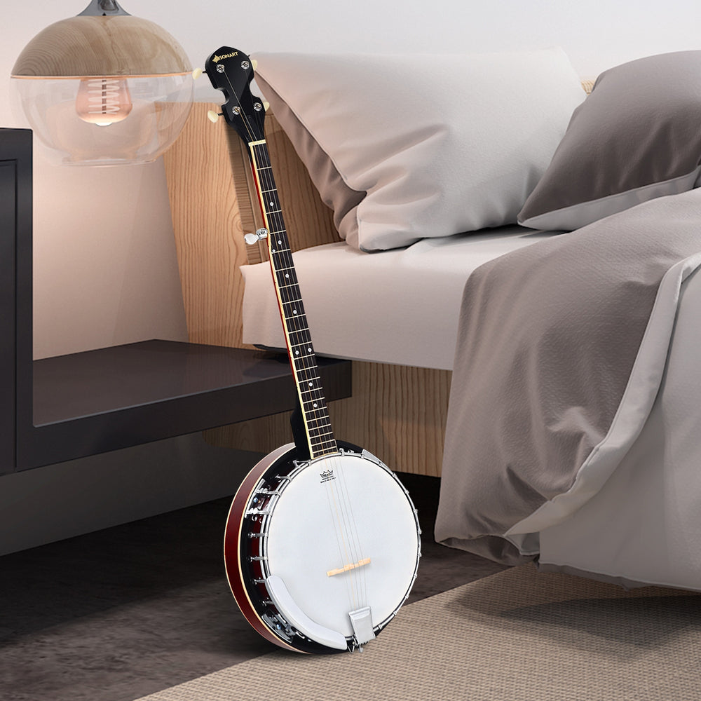 5-string geared tunable banjo with case, featuring a solid plywood frame and adjustable brackets for optimal sound.