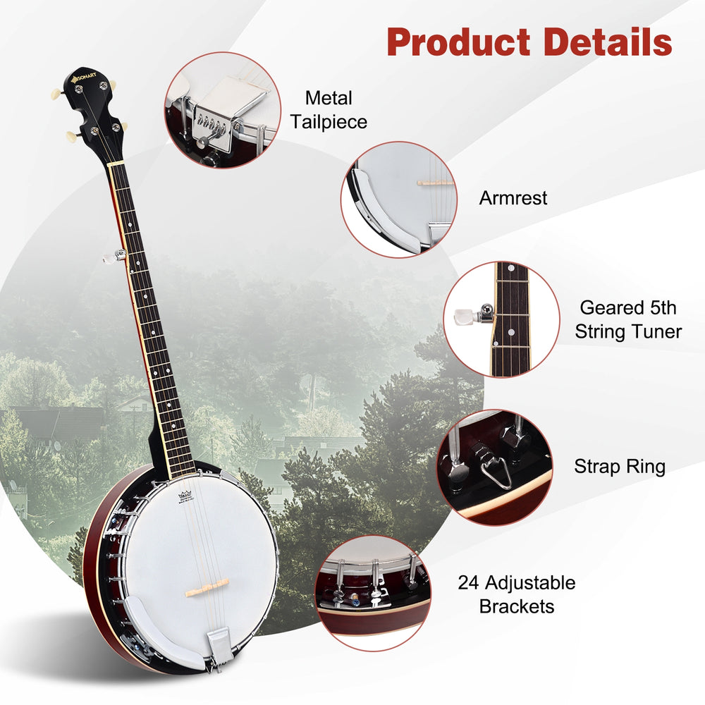 5-string geared tunable banjo with metal tailpiece and adjustable brackets, ideal for country and bluegrass music.