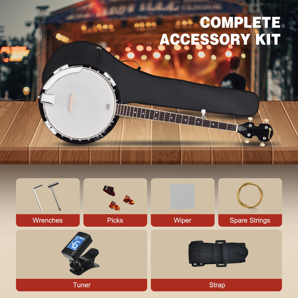 5-string geared tunable banjo with case, complete accessory kit including tuner, picks, and strap for versatile play.