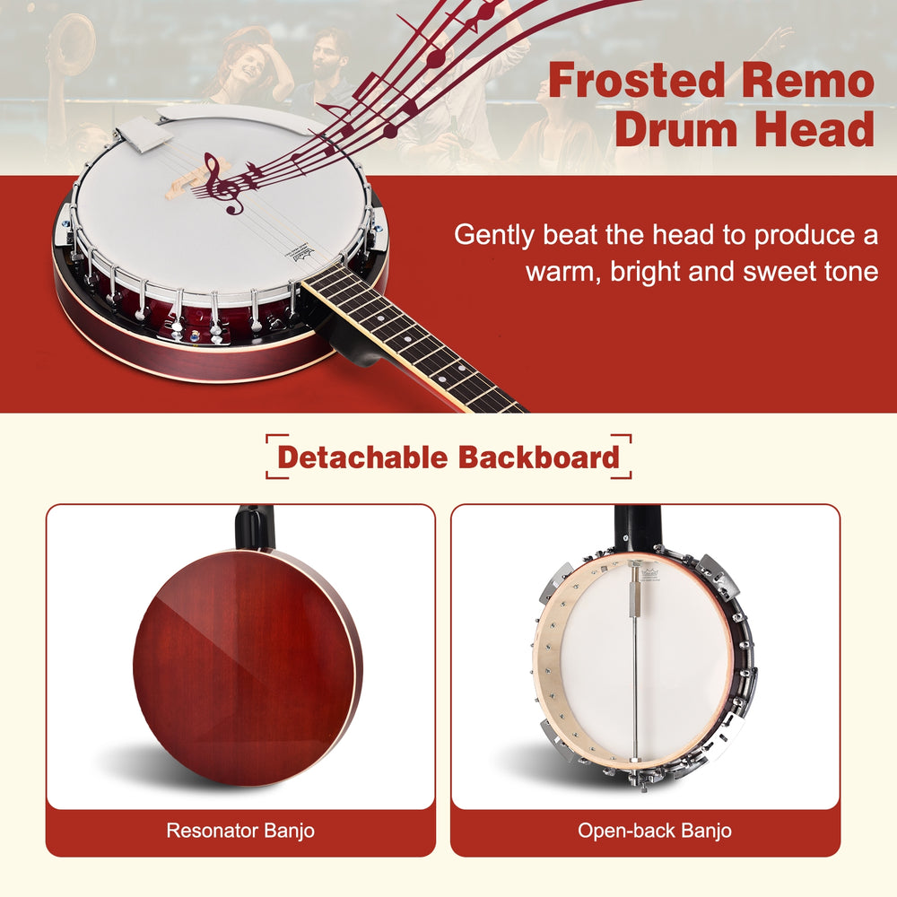 5-string geared tunable banjo with detachable backboard and frosted Remo drum head for versatile sound quality.