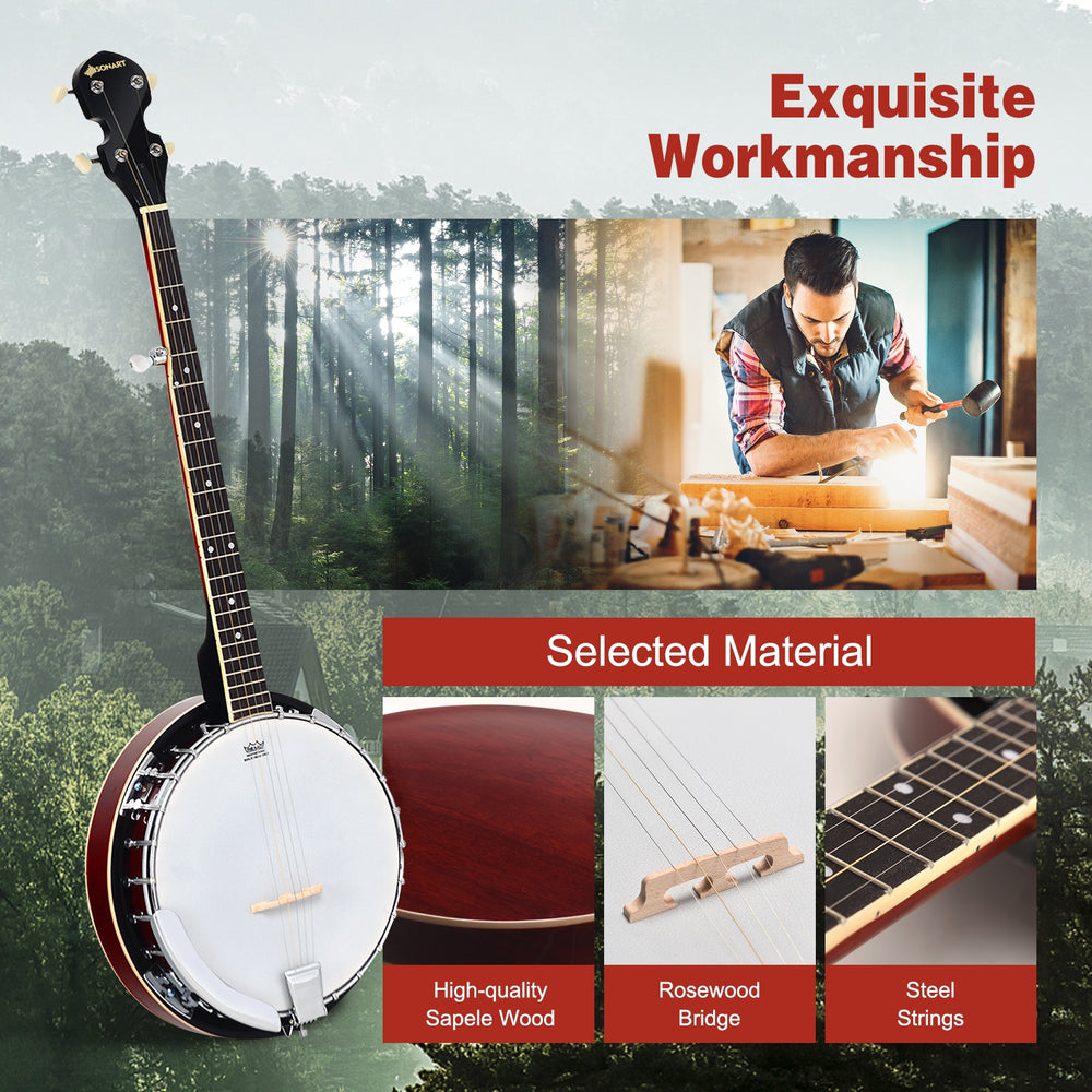 5-string geared tunable banjo made of high-quality sapele wood, ideal for country and bluegrass music.