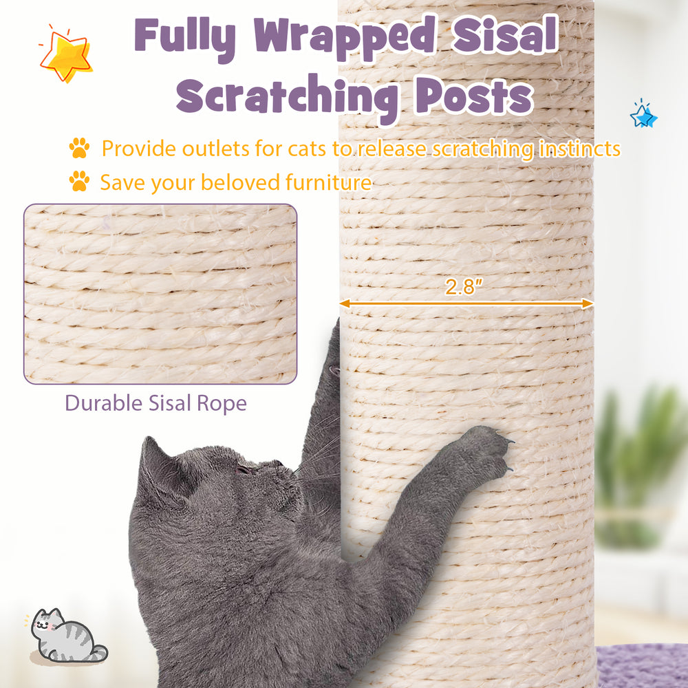 Sisal-covered scratching post from a multi-level cat tower, promoting healthy claws and furniture protection.