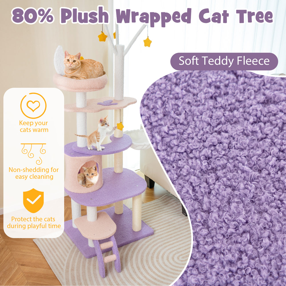 Multi-level cat tower with soft teddy fleece, sisal scratching posts, and moon-themed design for playful cats.