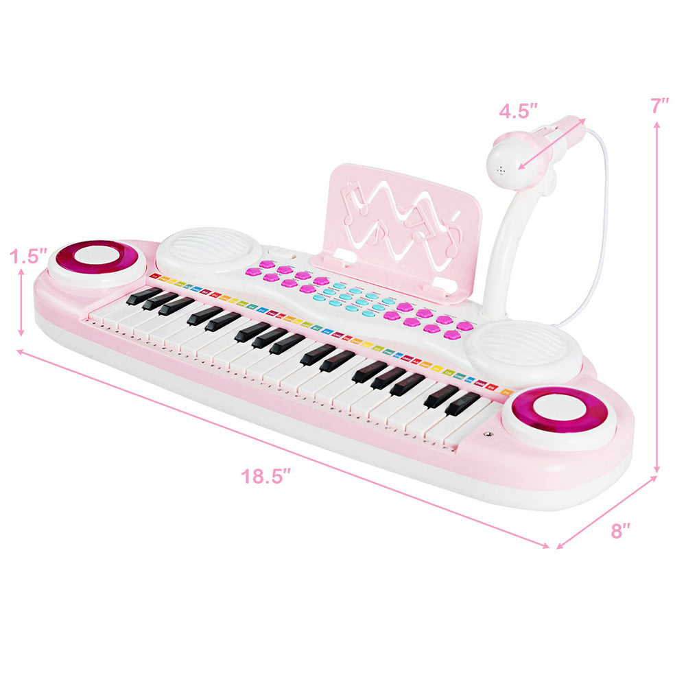 Pink multifunctional 37-key electric keyboard piano with a detachable microphone, designed for safe play and creativity.