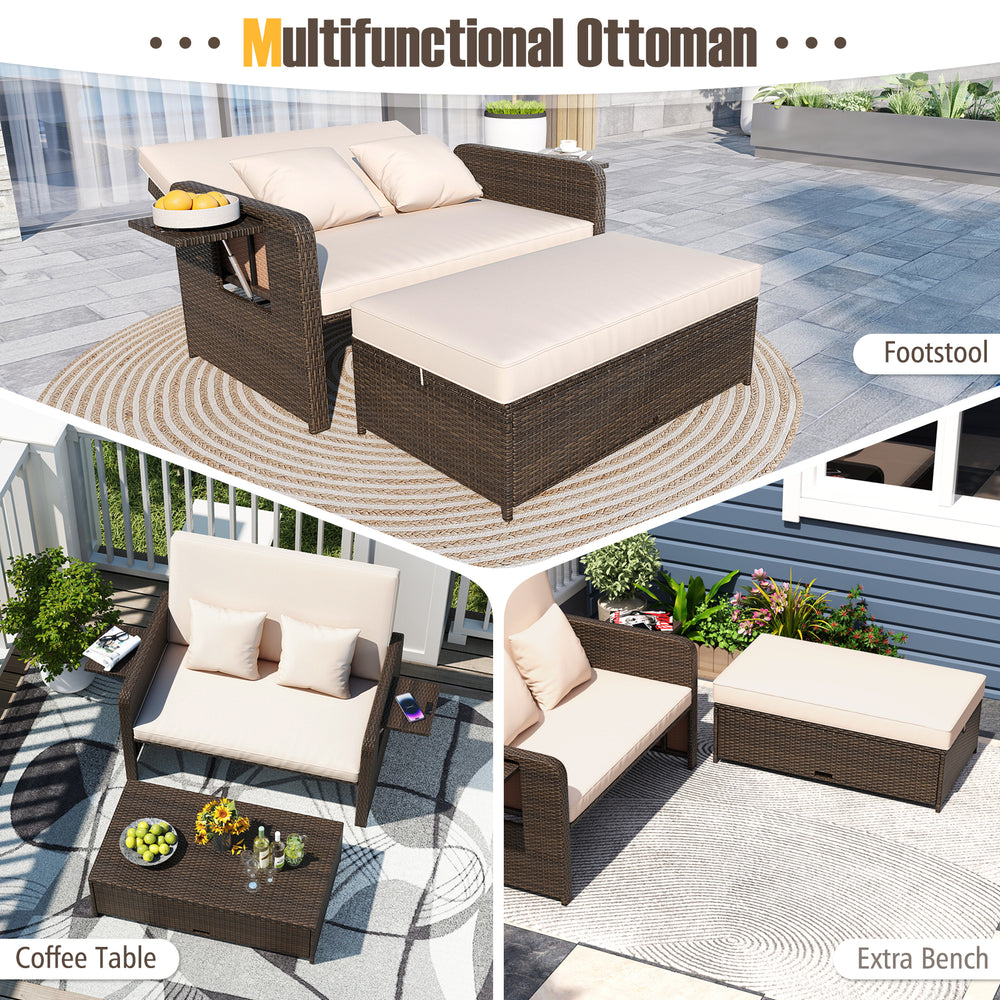 Adjustable outdoor patio daybed set featuring a multifunctional ottoman, loveseat, and soft cushions for versatile use.