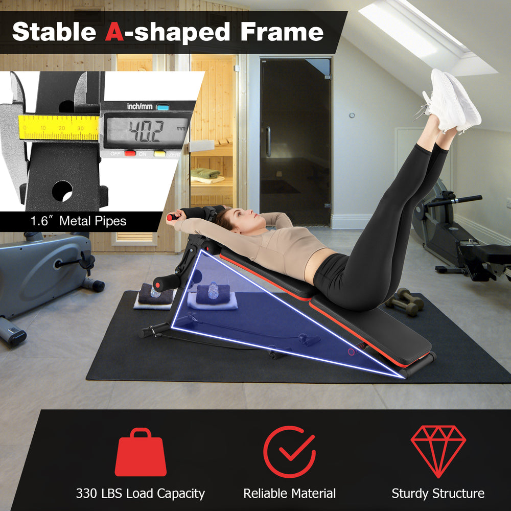 Adjustable metal workout bench with stable A-shaped frame, 330 lbs capacity, designed for versatile exercises.