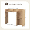3-tier multipurpose desk bookshelf in natural finish with dimensions, designed for computer organization and safety.