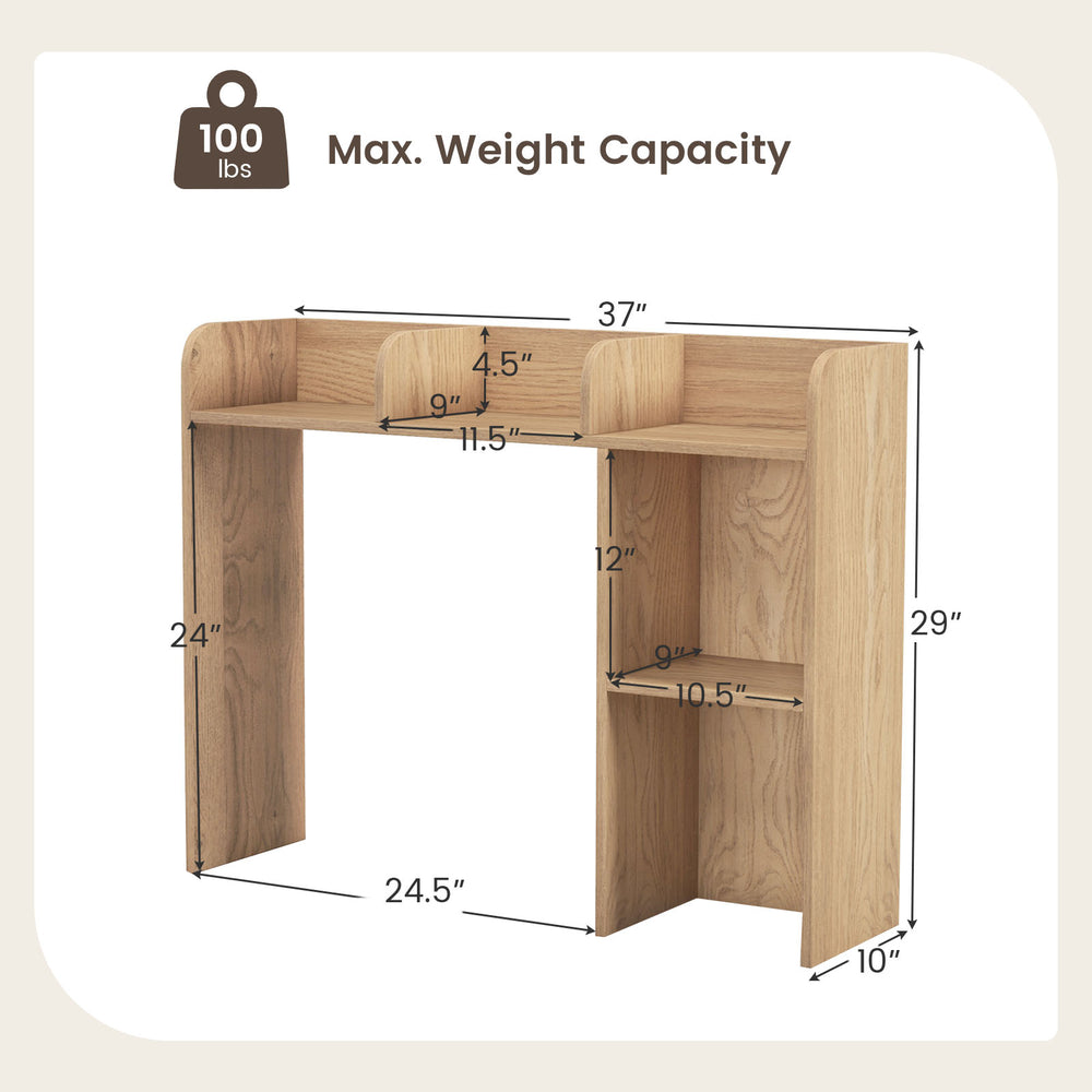 3-tier multipurpose desk bookshelf in natural finish with dimensions, designed for computer organization and safety.