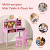 Kids desk and chair set in pink with hutch and bulletin board, ideal for writing, reading, and drawing for ages 3+.