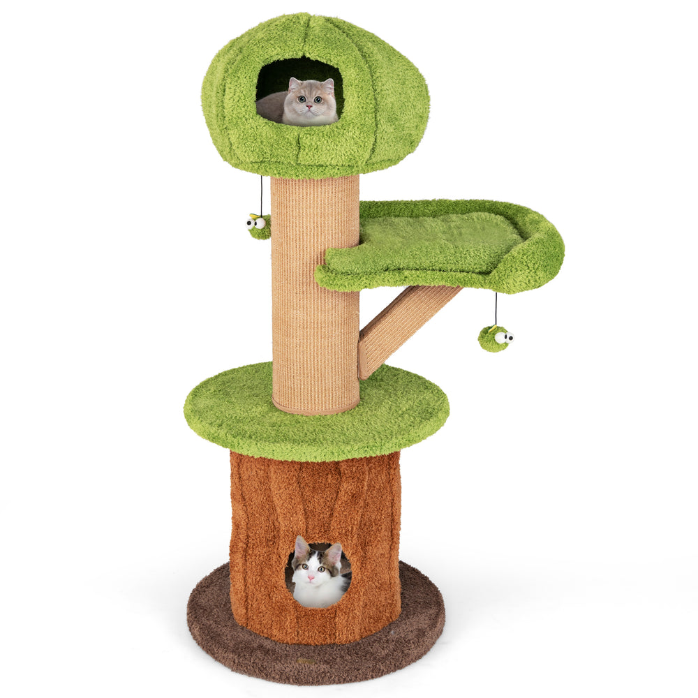 Mushroom cat tree with plush perch and two condos, featuring thick scratching posts and interactive toys for indoor.