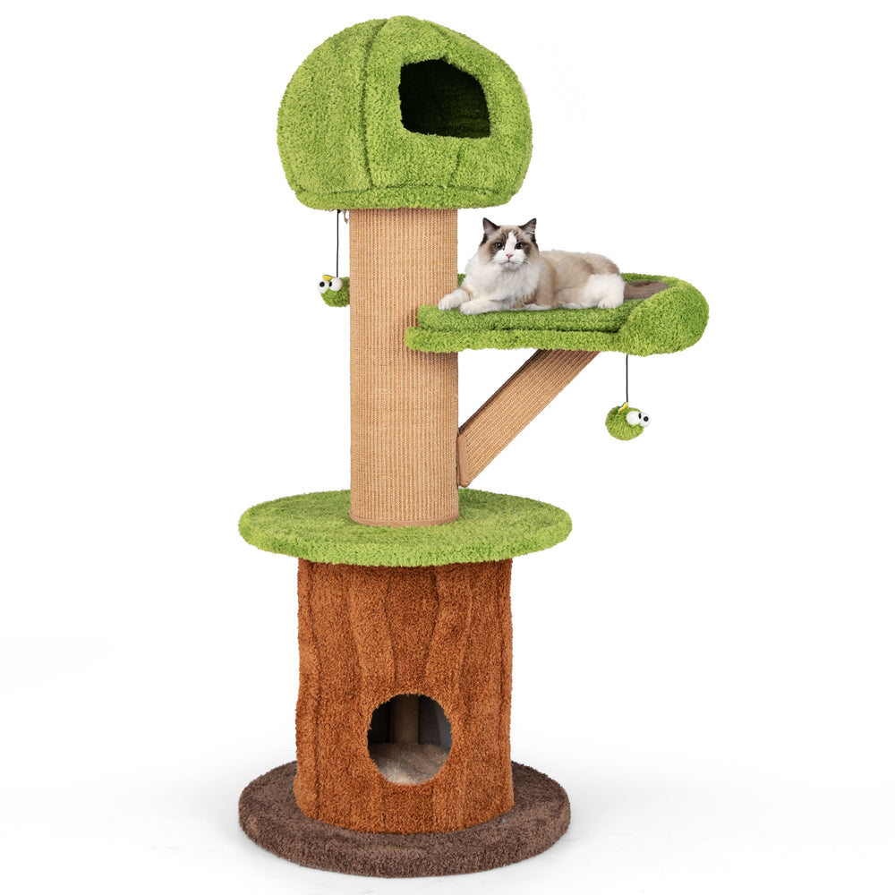 Mushroom cat tree with plush perch, two condos, thick scratching posts, and interactive toys for indoor cats.