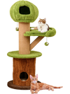 Mushroom cat tree with plush perch, large trunk condo, and interactive toys for indoor cats in green.
