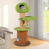 Mushroom cat tree with plush perch and condos, featuring thick scratching posts and interactive toys for indoor cats.